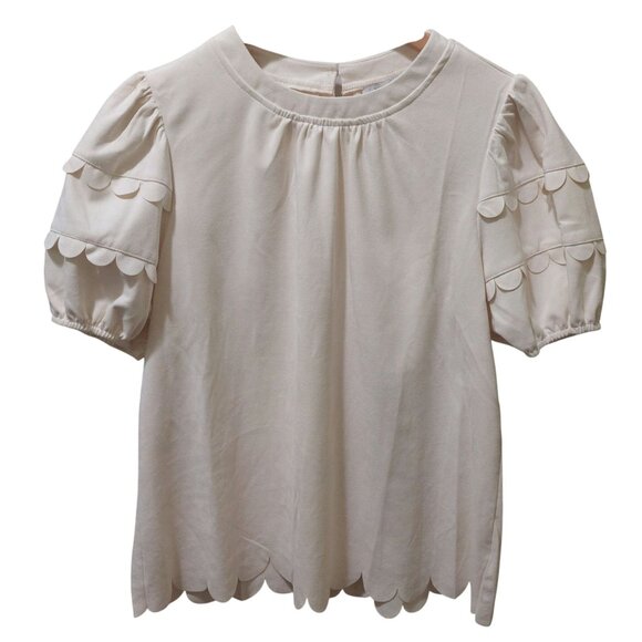 NWT Voy Women's Scalloped Sleeve Cream Blouse~Suede Feel~Size Large - Picture 1 of 7